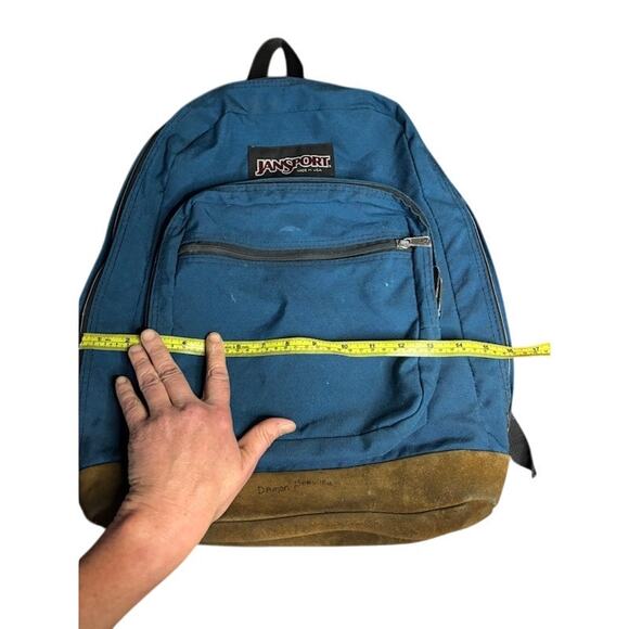 Vintage 90s 1994 JanSport Blue Green Backpack Suede Leather Bottom Backpack - Picture 11 of 12